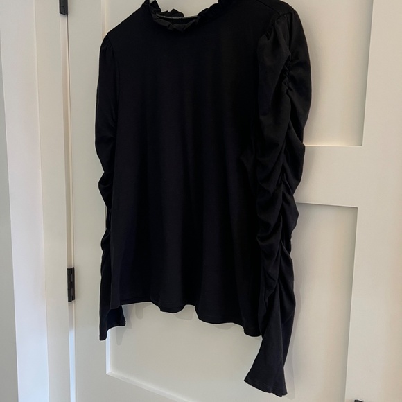 Maeve by Anthropologie Black Ruffle Neck Rouched Long Sleeve Tee- SZ L - Picture 3 of 11